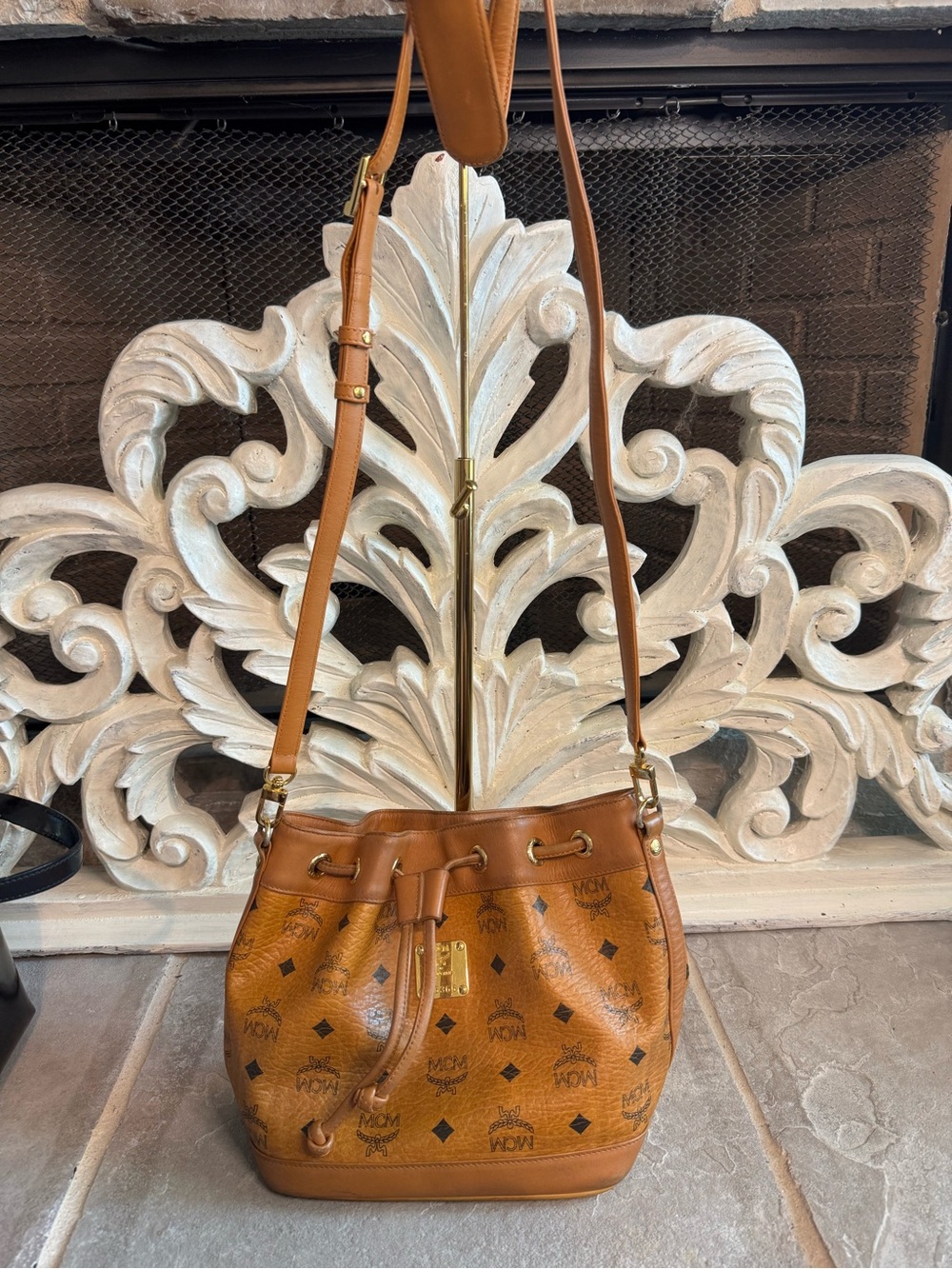 MCM Cognac Monogram Visetos Bucket Crossbody